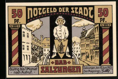 Notgeld Bad Salzungen 1921, 50 Pf, Kind auf Brücke und Kurhaus, Seriennummer 59340