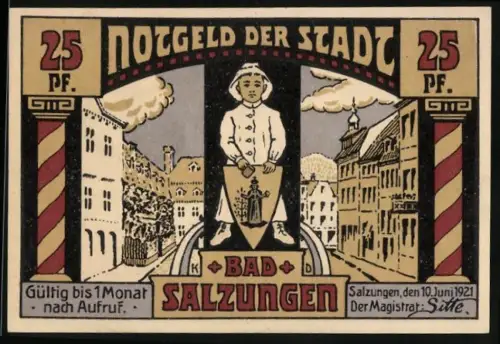 Notgeld Bad Salzungen 1921, 25 Pf, Mann mit Wappenschild und Gradierhaus, Seriennummer 09472