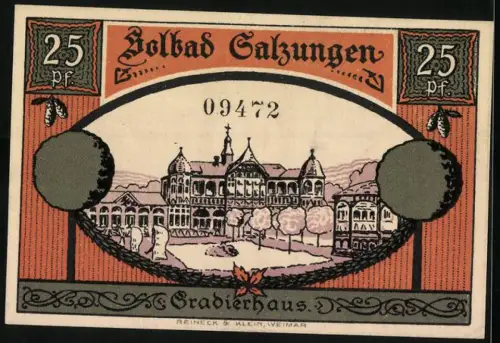 Notgeld Bad Salzungen 1921, 25 Pf, Mann mit Wappenschild und Gradierhaus, Seriennummer 09472
