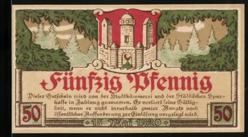 Notgeld Meiningen 1920, 50 Pfennig, Burg und Rathaus, Seriennummer 80169, Wappen und Kranzmuster