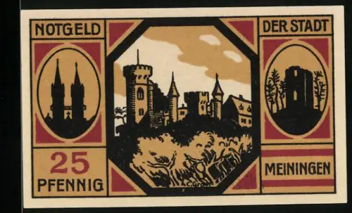Notgeld Meiningen 1920, 25 Pfennig, Stadtansicht mit Burgen und Türmen, Seriennummer 55583