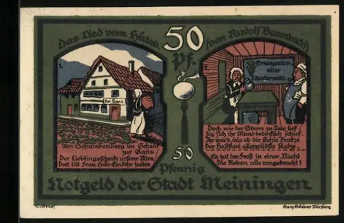 Notgeld Meiningen 1921, 50 Pfennig, Gasthausmotiv, Seriennummer 302738, Wappen