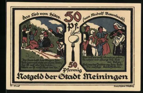Notgeld Meiningen 1921, 50 Pfennig, Das Lied vom Hütes von Rudolf Baumbach, Seriennummer 359137, Wappen