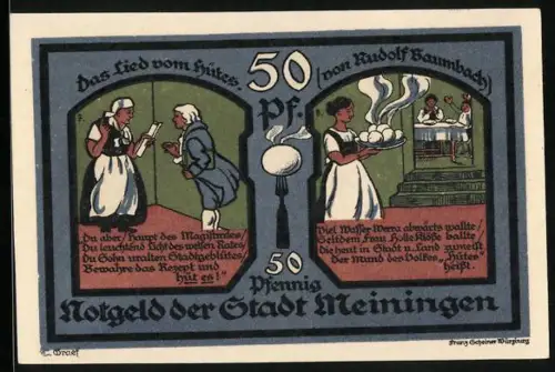 Notgeld Meiningen 1921, 50 Pfennig, Lied vom Hütes mit Bäcker und Haushälterin, Seriennummer, Wappen