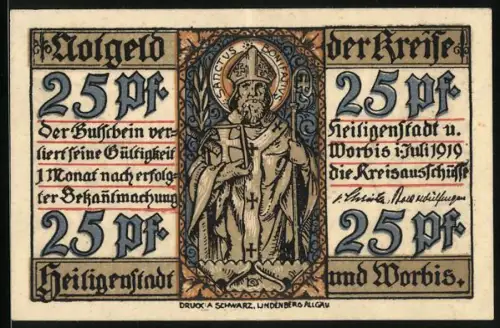Notgeld Heiligenstadt 1919, 25 Pf, Bischofsmotiv und Wappen mit Radornament, Seriennummer 200144
