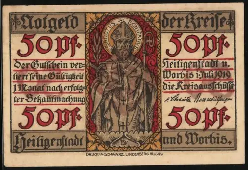Notgeld Heiligenstadt, 1919, 50 Pfennig, Heiliger Bonifatius und Wappen mit Radmotiv, Seriennummer 93814