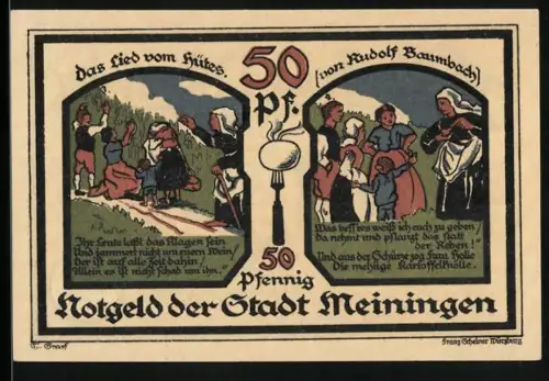 Notgeld Meiningen 1921, 50 Pfennig, Rudolf Baumbachs Das Lied vom Hutes, Seriennummer 352178, Wappen
