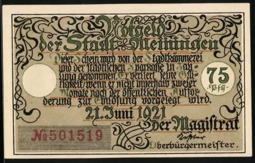 Notgeld Meiningen 1921, 75 Pfennig, Marktplatz und Stadtkirche, Seriennummer 501519