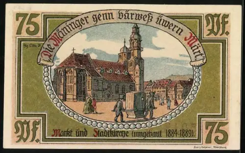 Notgeld Meiningen 1921, 75 Pfennig, Marktplatz und Stadtkirche, Seriennummer 501519