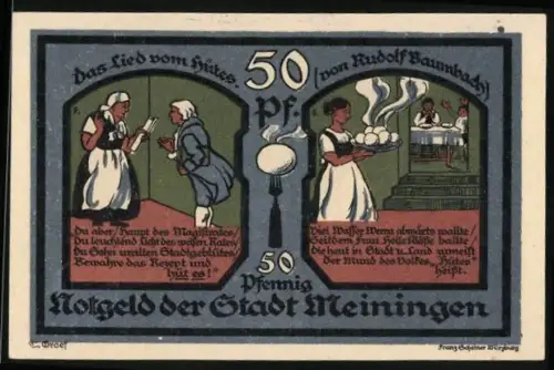 Notgeld Meiningen 1921, 50 Pfennig, Das Lied vom Hütes von Rudolf Baumbach, Seriennummer 452178, Wappen