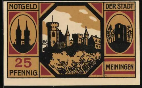 Notgeld Meiningen 1920, 25 Pfennig, Stadtansicht mit Türmen, Seriennummer 56073