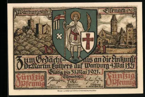 Notgeld Eisenach 1921, 50 Pfennig, Ankunft Martin Luthers auf Wartburg, Stadtansicht und historische Szene