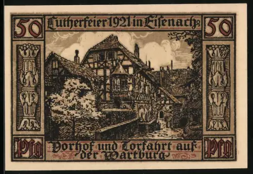 Notgeld Eisenach 1921, 50 Pfennig, Lutherfeier, Wartburg-Vorhof, Stadtansicht mit Wappen und Ritterfigur