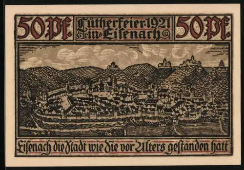 Notgeld Eisenach / Thüringen 1921, 50 Pf, Stadtansicht, Lutherfeier, Wappen und historische Gebäude