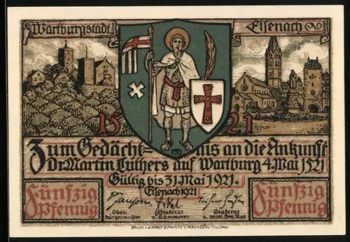 Notgeld Eisenach 1921, 50 Pfennig, Martin Luther Ankunft Wartburg-Motiv, Stadtansicht und Wappen