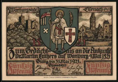 Notgeld Eisenach 1921, 50 Pfennig, Martin Luther bei der Bibelübersetzung, Stadtansicht und Wappen