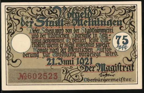 Notgeld Meiningen 1921, 75 Pfennig, historisches Stadttor und dekorative Schrift, Seriennummer 
