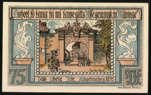 Notgeld Meiningen 1921, 75 Pfennig, historisches Stadttor und dekorative Schrift, Seriennummer 