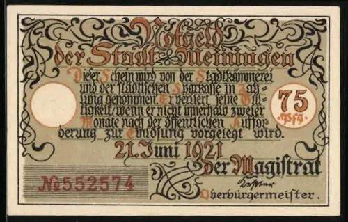 Notgeld Meiningen 1921, 75 Pfennig, Alte Marktschule Abg. 1848, Seriennummer 552574