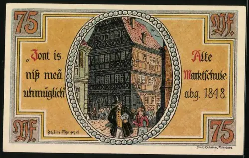 Notgeld Meiningen 1921, 75 Pfennig, Alte Marktschule Abg. 1848, Seriennummer 552574