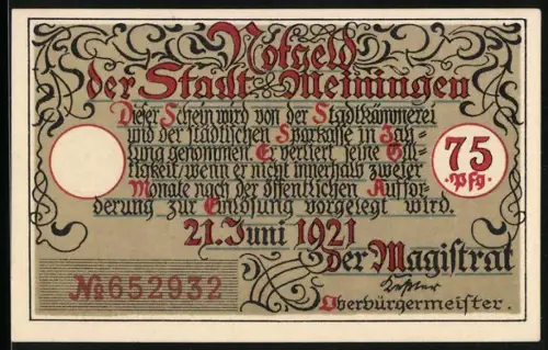 Notgeld Meiningen 1921, 75 Pfennig, Unteres Tor mit Zitat, Seriennummer, Stadtwappenornamentik