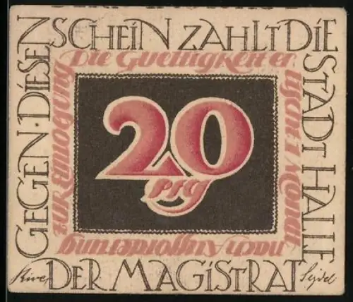 Notgeld Halle / Saale, 20 Pfennig, Porträt von Christian Thomasius, Textumrandung