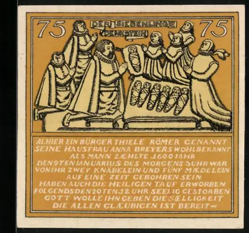 Notgeld Hameln 1921, 75 Pfennig, Die Siebenlinge von Rom mit Text und Seriennummer 057174