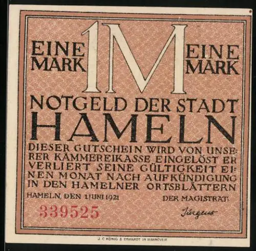 Notgeld Hameln 1921, 1 Mark, Motiv der Siebenlinge von 1600, Seriennummer 339525