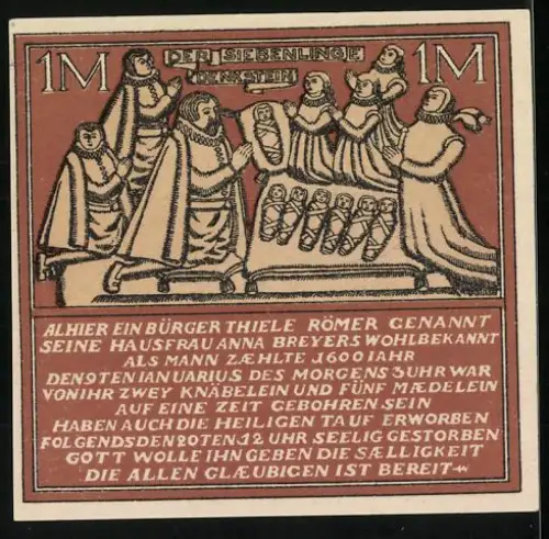 Notgeld Hameln 1921, 1 Mark, Motiv der Siebenlinge von 1600, Seriennummer 339525