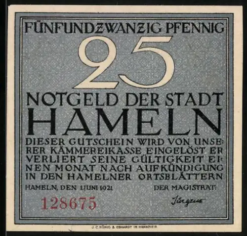Notgeld Hameln 1921, 25 Pfennig, Siebenlinge-Denkstein-Motiv, Seriennummer 128675