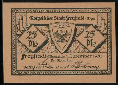 Notgeld Freystadt 1920, 25 Pfennig, Adlerwappen und Stadtansichten, gültig 1 Monat nach Aufforderung