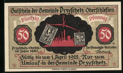 Notgeld Przyschetz 1921, 50 Pfennig, Waage mit Briefmarkenmotiv und kämpfende Männer im Wald