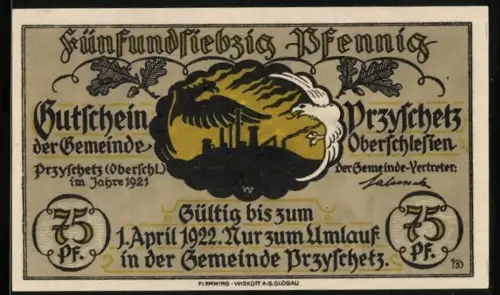 Notgeld Przyschetz 1921, 75 Pfennig, Adler über Fabrik, Silhouetten mit Wappen und Münzen, gültig bis 1922
