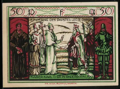 Notgeld Paderborn 1921, 50 Pfennig, Empfang des Papstes Leo III. durch Kaiser Karl in Paderborn 799, Wappen links /recht