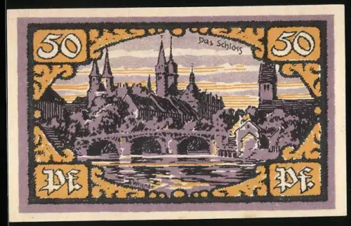 Notgeld Merseburg 1921, 50 Pfennig, Schlossansicht und Rabe mit Ring, Nr. 128197, Stadtwappen