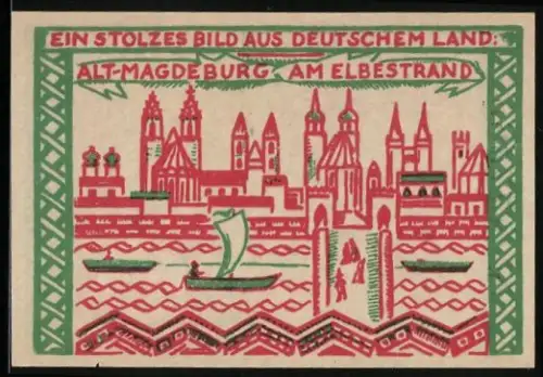 Notgeld Magdeburg 1921, 50 Pfennig, Stadtansicht und Otto I. zu Pferd, Seriennummer, Wappen und Magistratssignatur
