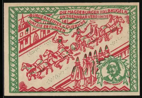 Notgeld Magdeburg 1921, 50 Pfennig, Otto I. auf Pferd und Magdeburger Halbkugeln, Seriennummer und Wappen enthalten