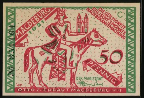 Notgeld Magdeburg 1921, 50 Pfennig, Otto I. auf Pferd und Magdeburger Halbkugeln, Seriennummer und Wappen enthalten