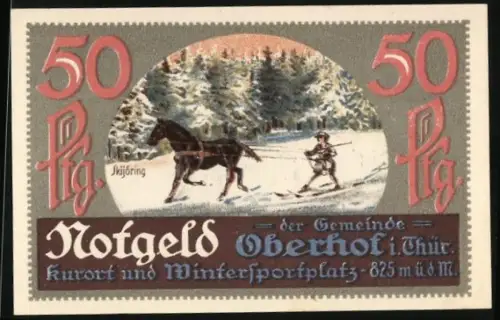Notgeld Oberhof 1921, 50 Pfennig, Skijöring-Szene und Gemeindewappen, Seriennummer 51348