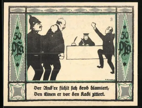 Notgeld Mülsen St. Jakob 1921, 50 Pfennig, Gerichtsszene und Wappen mit zwei Löwen, Nr. 365090