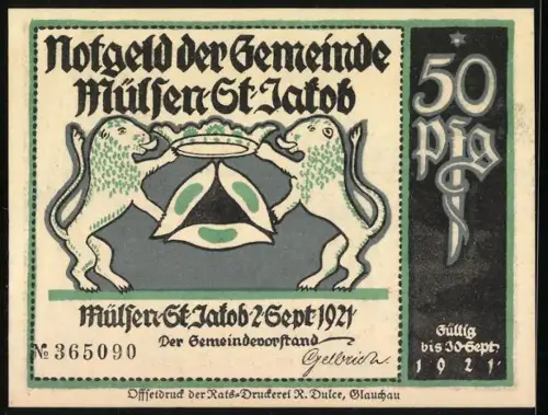Notgeld Mülsen St. Jakob 1921, 50 Pfennig, Gerichtsszene und Wappen mit zwei Löwen, Nr. 365090