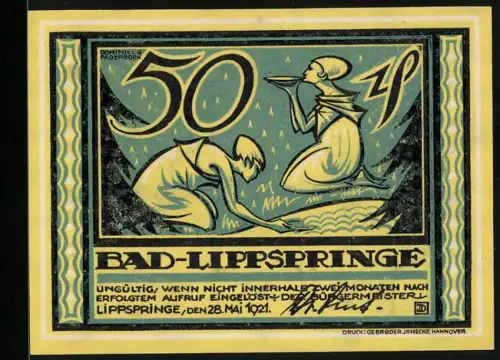 Notgeld Bad Lippspringe 1921, 50 Pfennig, kniender Mann und Frau mit Schale, Wasserfall und Tannenbäume