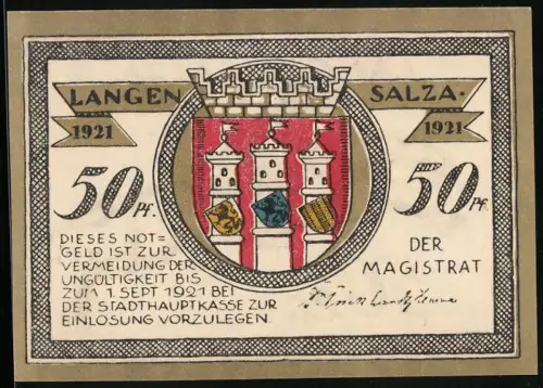 Notgeld Langensalza 1921, 50 Pf, Wappen und Reiter mit Säbel, 27. Juni 1866