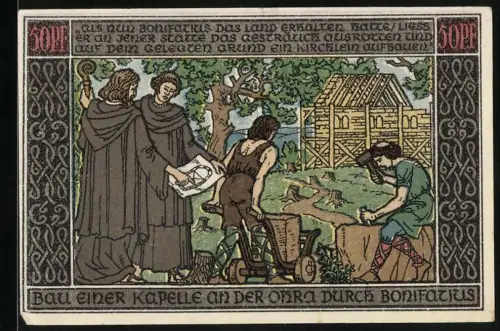 Notgeld Ohrdruf 1921, 50 Pfennig, Bonifatius errichtet Kapelle, Stadtgründungsmotive, E.Nr. 046802