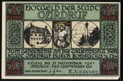 Notgeld Ohrdruf 1921, 50 Pfennig, Bonifatius errichtet Kapelle, Stadtgründungsmotive, E.Nr. 046802
