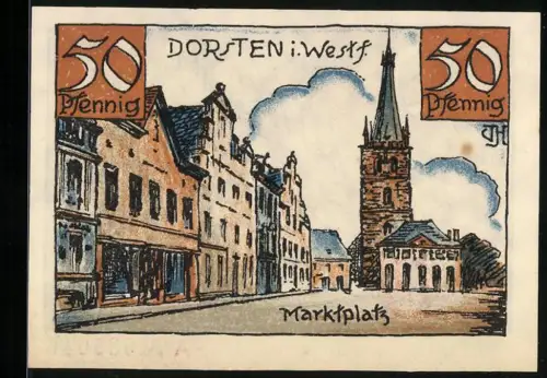 Notgeld Dorsten, 50 Pfennig, Marktplatz und Jubiläum 675 Jahre Stadt Dorsten, Seriennummer A No 39646, Wappen