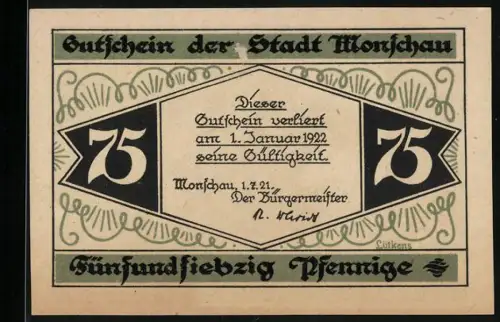 Notgeld Monschau 1921, 75 Pfennig, Burgruine und Landschaft, Seriennummer 00006
