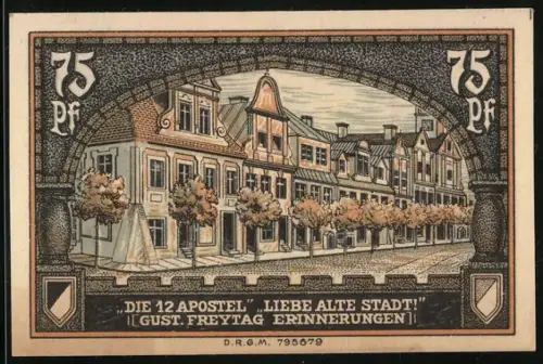 Notgeld Kreuzburg 1921, 75 Pf, Stadtansicht und Wappen mit Torbogen und Gebäuden, Die 12 Apostel