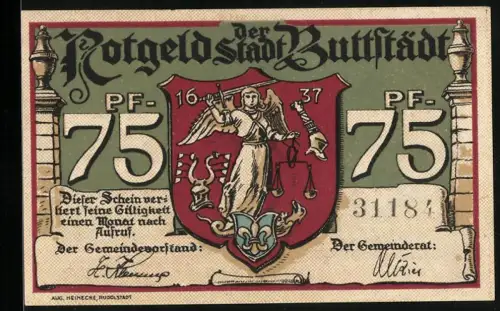 Notgeld Buttstädt, 75 Pfennig, Wappen mit Justitia, Buttstädter Ochsenmarkt 1621