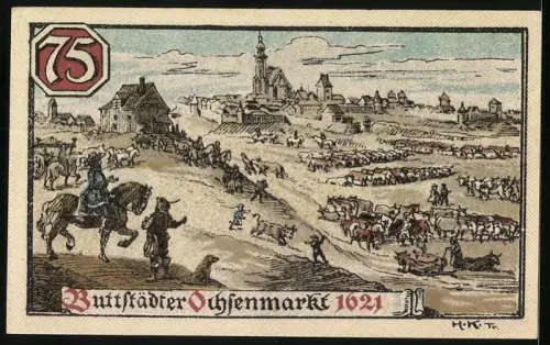 Notgeld Buttstädt, 75 Pfennig, Wappen mit Justitia, Buttstädter Ochsenmarkt 1621